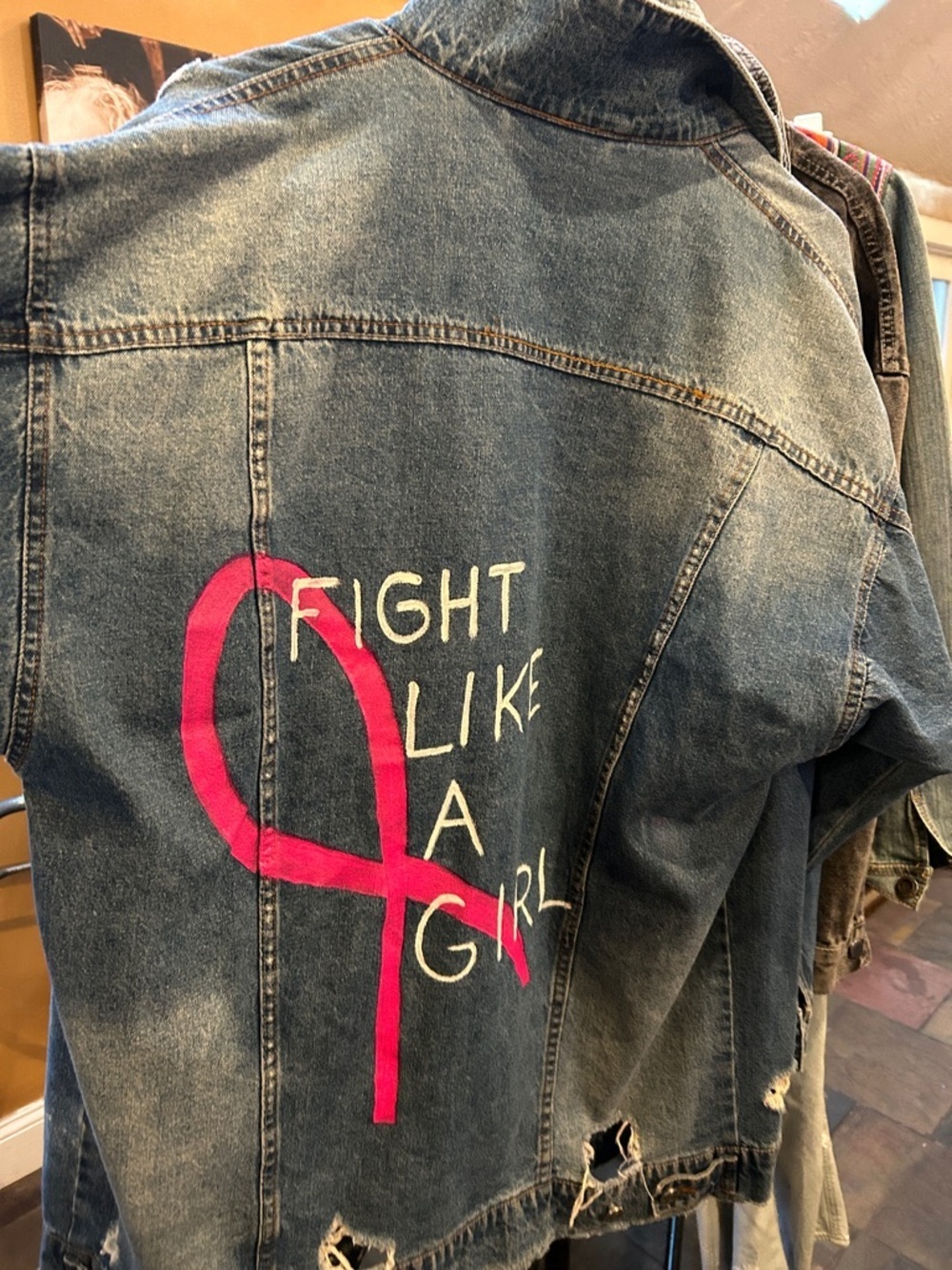 Fight Like A Girl Hand Painted Breast Cancer, Jean Jacket